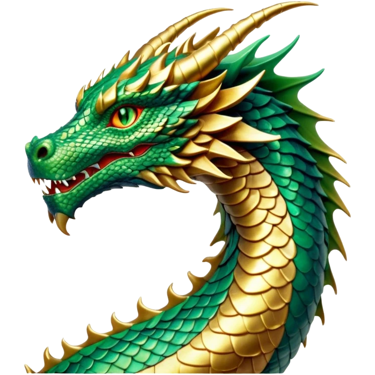 Cinematic Noble Dragon Portrait Emoji, Poised and majestic, with a sinuous, elongated body covered in intricately detailed, shimmering scales in hues of emerald and gold, and piercing, fiery eyes that reflect ancient wisdom; rendered with lifelike texture and natural highlights, high shine, intelligent and formidable, styled with an aura of mythic power, focused and attentive, soft glowing outline, capturing the essence of a legendary dragon that appears ready to soar out of the screen with timeless authority! emoji