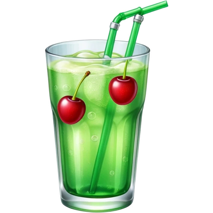 Create an emoji with a clear rounded glass, bright transparent green soda with fine bubbles, a smooth vanilla scoop, a glossy red cherry, using vibrant colors, soft shading, and clear glass highlights.
 emoji