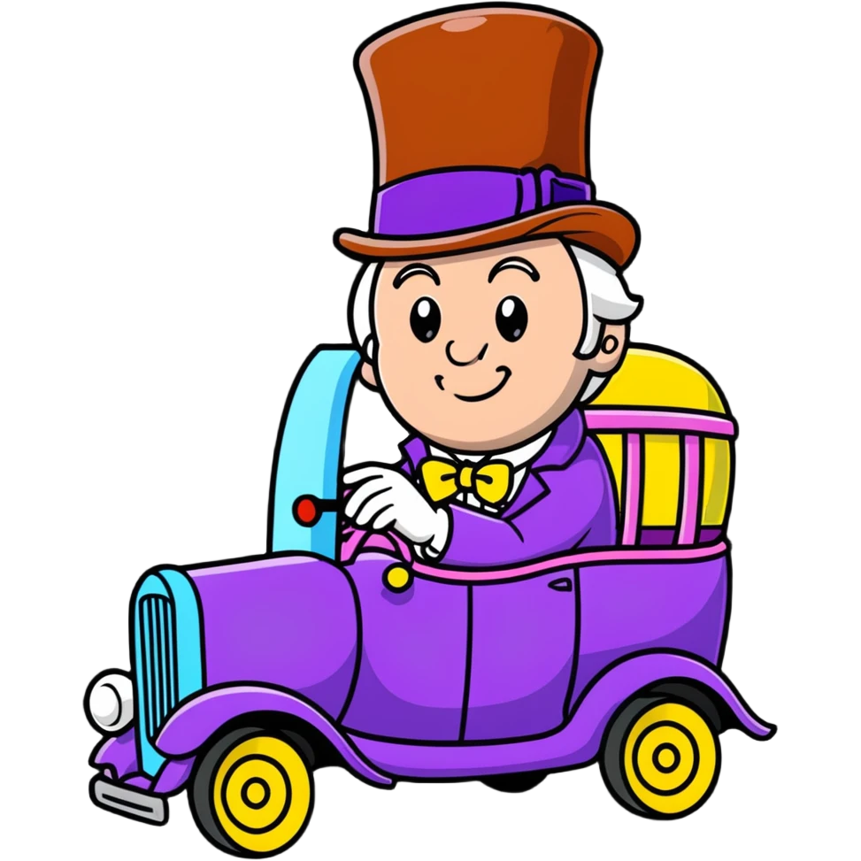 Willy Wonka driving a whimsical vehicle emoji