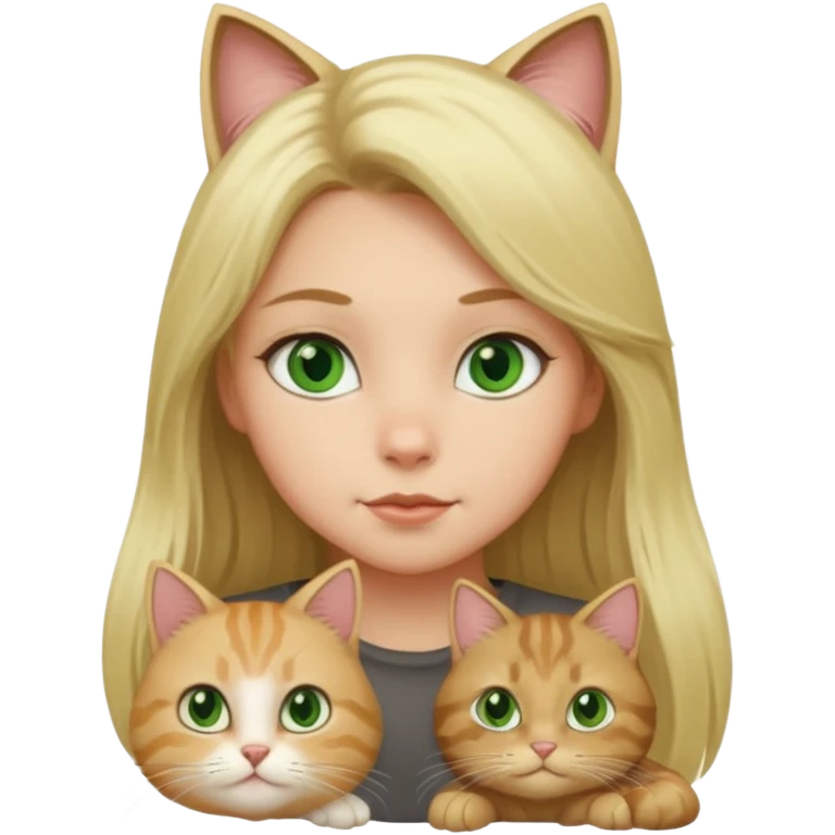 blonde girl with long blonde hair with tabby brown cat with green eyes and chubby gray cat with big green eyes emoji