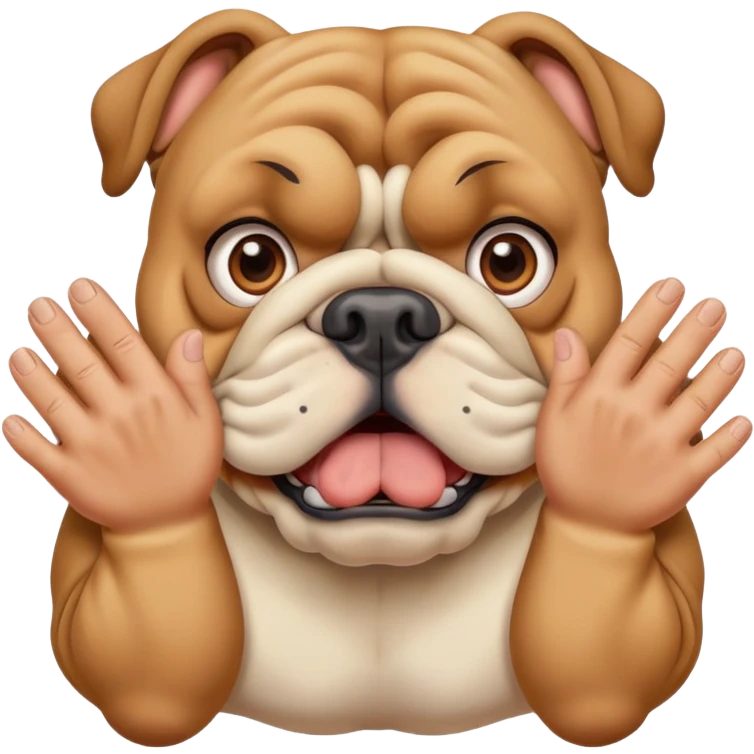 British bulldog dog with hands out in front of face in a surprised pose emoji