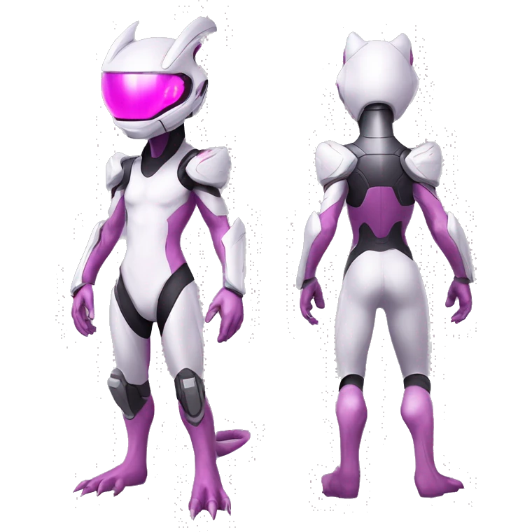 White Anthro-Lizard-Reptile-Alien-Genesect-Mewtwo-Fakémon, with pink eyes, with a futuristic visor-helmet, wearing a techwear-suit, Full Body emoji