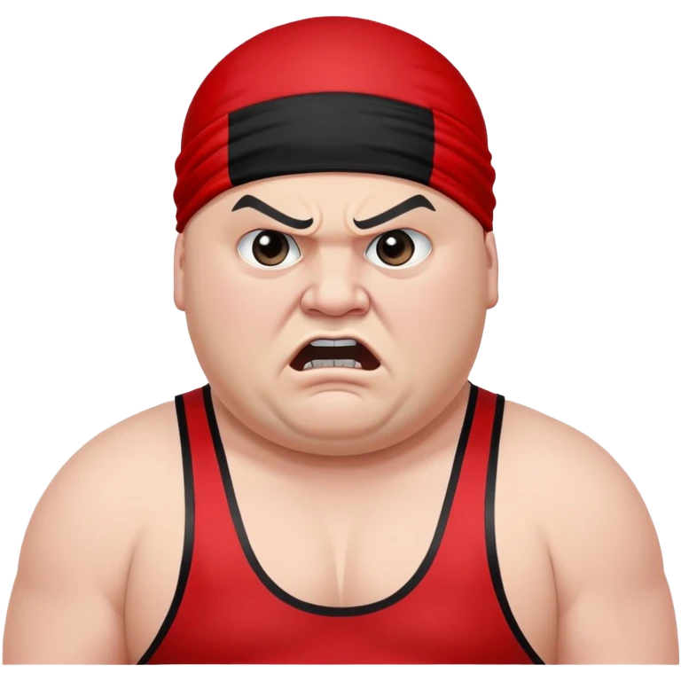 Close-up of white skin fat guy with prominent black durag, completely shaved face, no beard or mustache, black eyes in a red and black wrestling singlet with angry face emoji