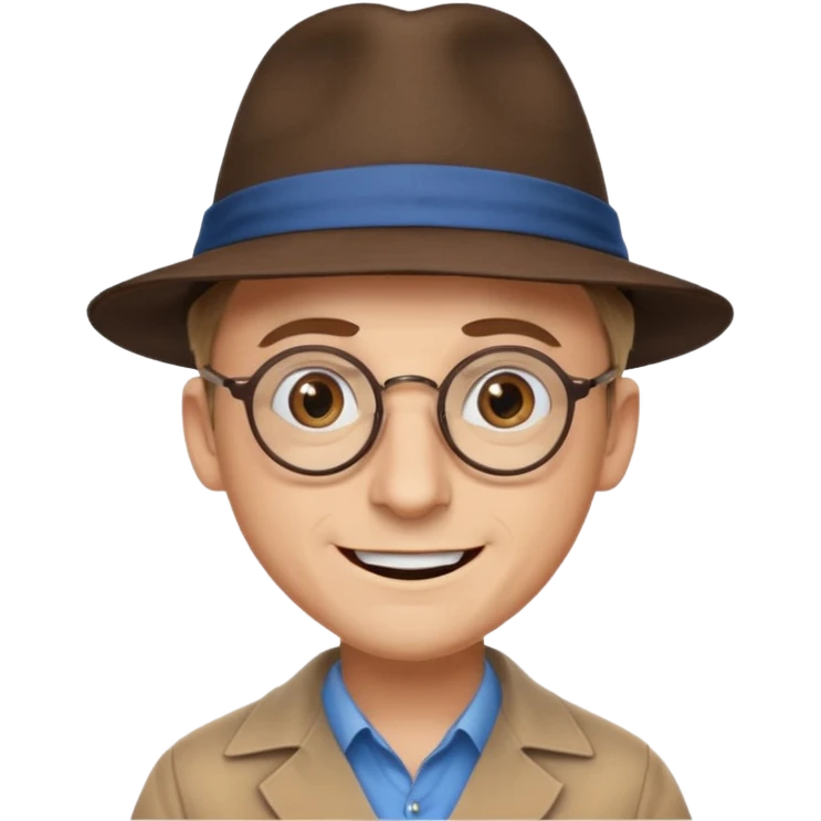 A man with sharp and thin face, brown round glasses, a brown hat and a brown costume with beige chemise  (no blue shirt) (shoulders only), the man has blue eyes and a large smile on his face and menacing eyes. emoji
