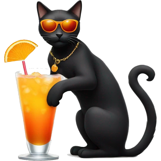 black cat with orange eyes sunglasses and coctail emoji