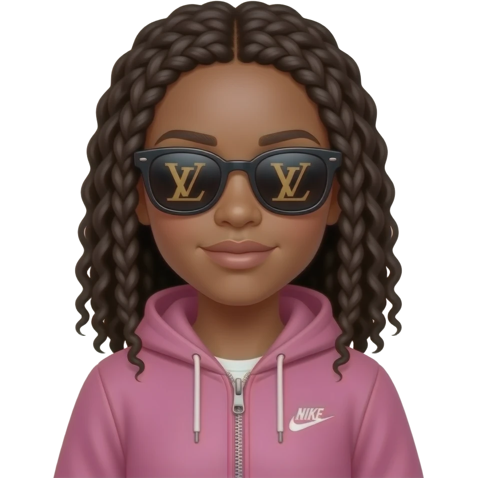 make a black girl with straight hair with tiny curls pink nike zip up with Louis Vuitton sunglasses emoji