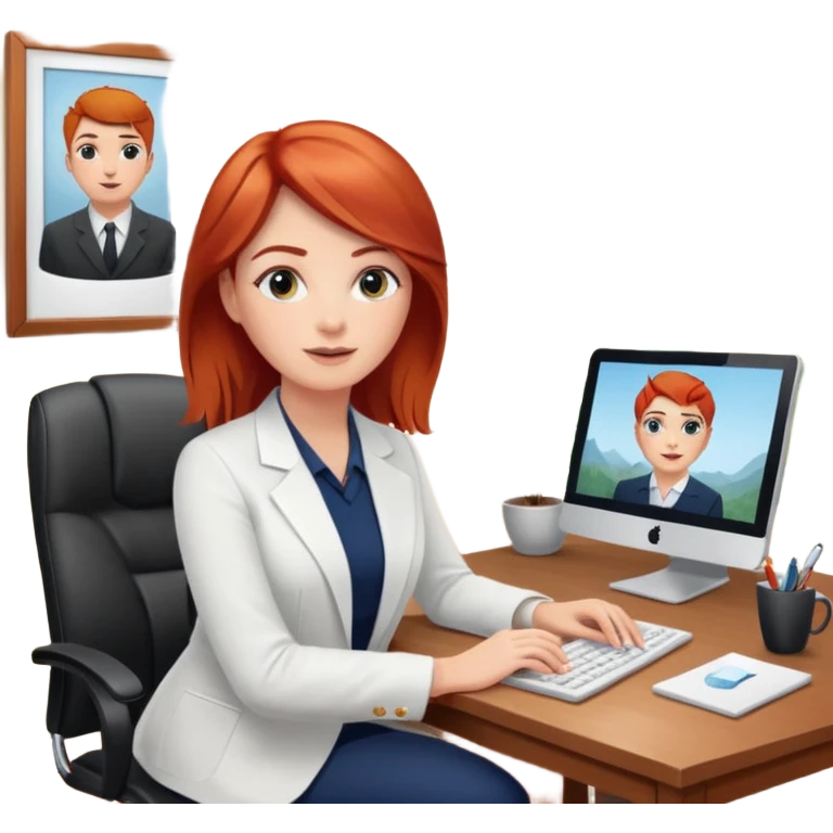 “Red-haired therapist on a video call, sitting in a calm home office, looking at the webcam, client visible on screen, professional yet warm atmosphere, realistic style.” emoji