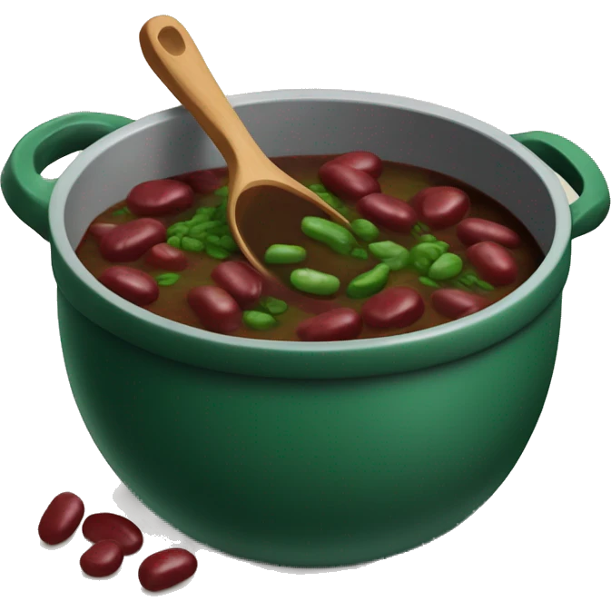 Large pot of dark green stew with red kidney beans and ladle emoji