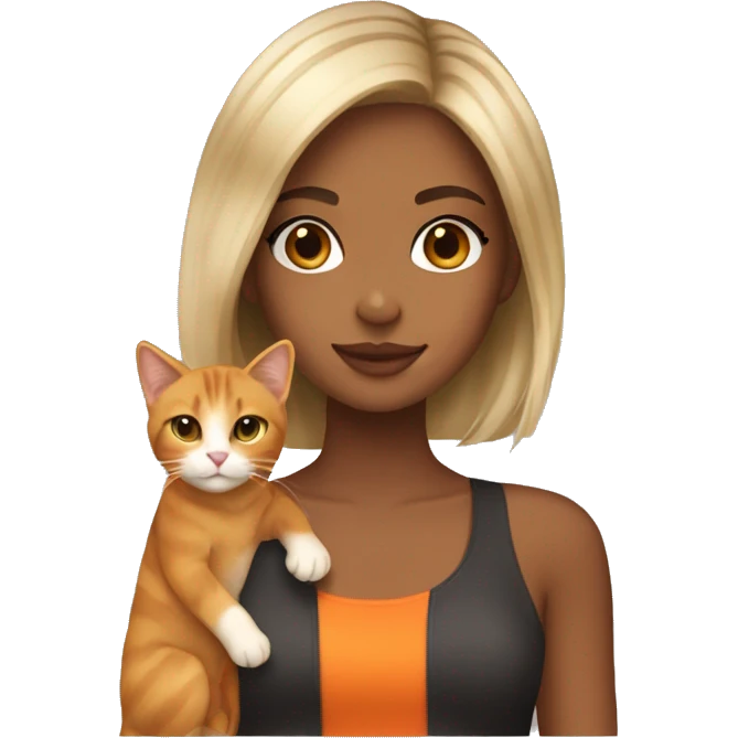 Tan girl with blonde balayage and brown eyes holding an orange cat emoji