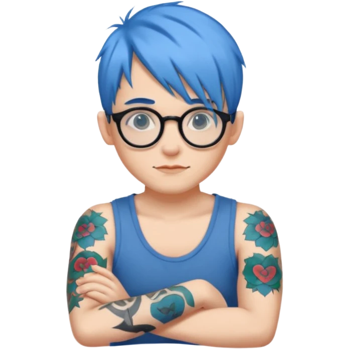 person with blue hair and round glasses, arm tattoo emoji