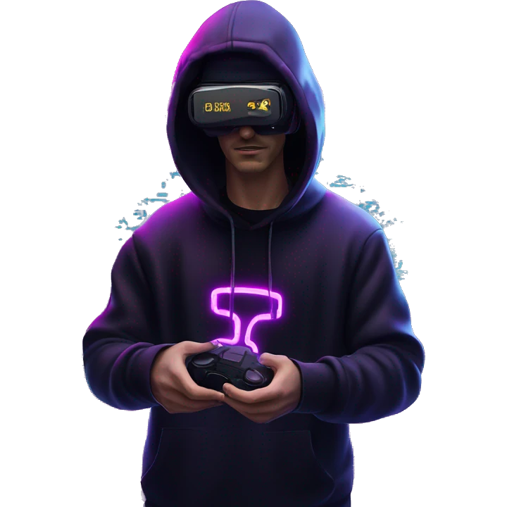 Russian man wearing a black hoodie with "OMG" letters on it and VR headset in a cyberpunk VR environment with violet neon lighting. emoji