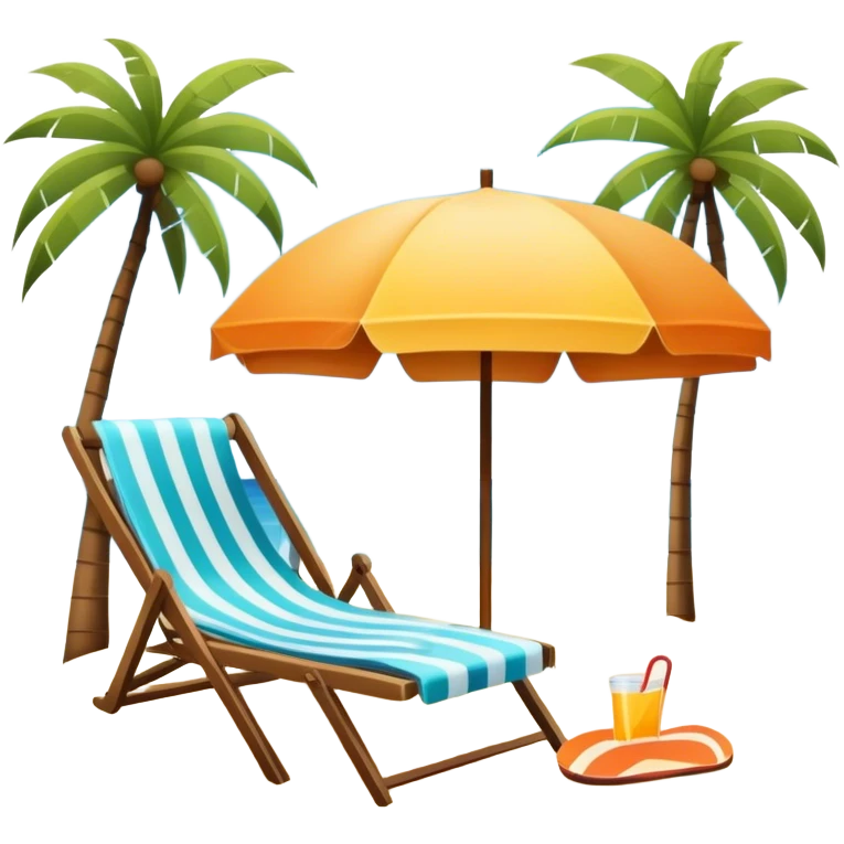 Icon for Beach Tourism: a sandy beach with a ocean skyline in the background, lounge chair, sun umbrella and flip-flops. The icon should capture the relaxation and fun of a beach vacation. Transparent background emoji