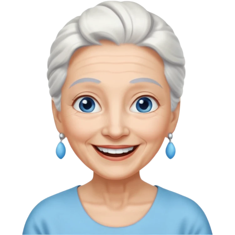 abuela con ojos azules, pelo blanco, pelo blanco y amarrado, aspecto feliz emoji