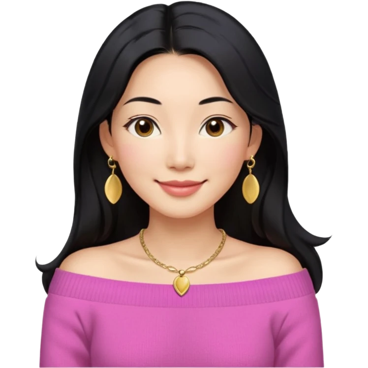 South Korean girl in her mid-thirties with long black hair with a middle part. She is wearing a pink, off the shoulder long sleeve knit sweater, extra small gold earrings and a gold necklace. She has brown eyes with narrow, mono lid shape and smiling with lips together emoji