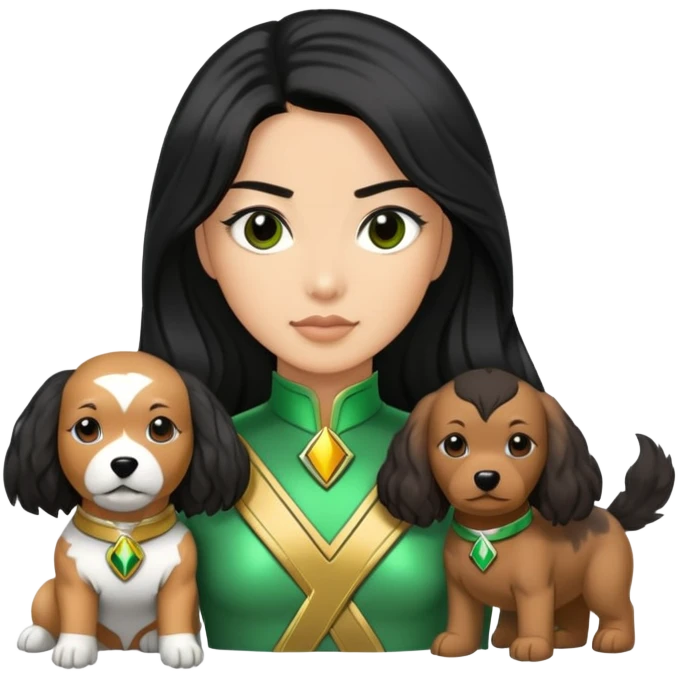 green power ranger wasian woman with long black hair and a fully light brown cockapoo dog emoji