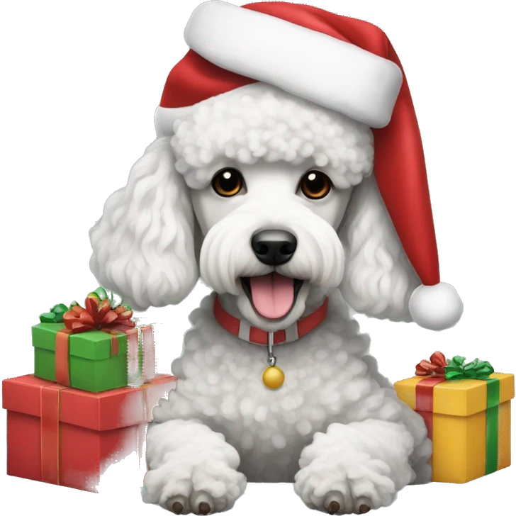 poodle dog wearing a santa hat and surrounded with presents  emoji