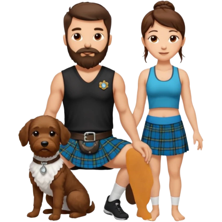 emoji of brunette man with beard wearing kilt, brunette woman in yoga outfit and white cockapoo dog emoji