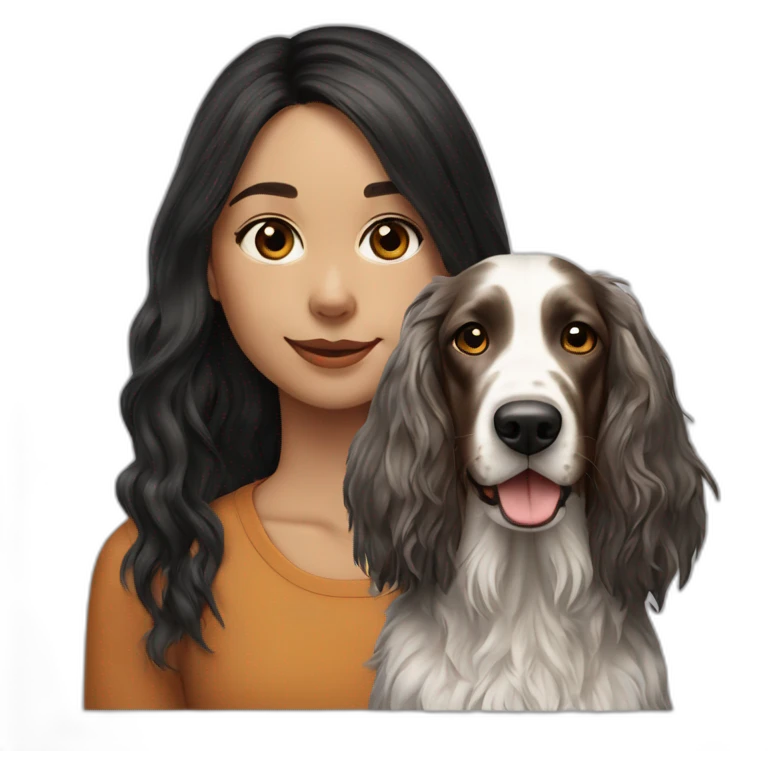 hyperrealist caucasian girl black long hair with brown english setter dog emoji
