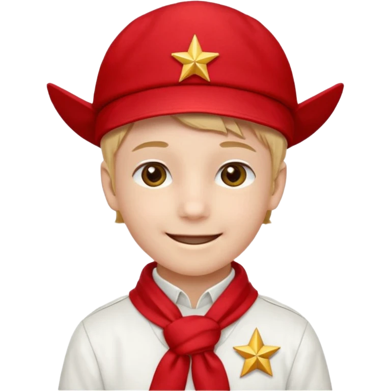 A Soviet pioneer emoji — smiling young boy wearing a bright red tie (pioneer neckerchief) and a red pilotka cap with a small gold star badge. White shirt, neat and cheerful, minimal flat emoji style, simple colors, clear outlines, professional emoji design. emoji