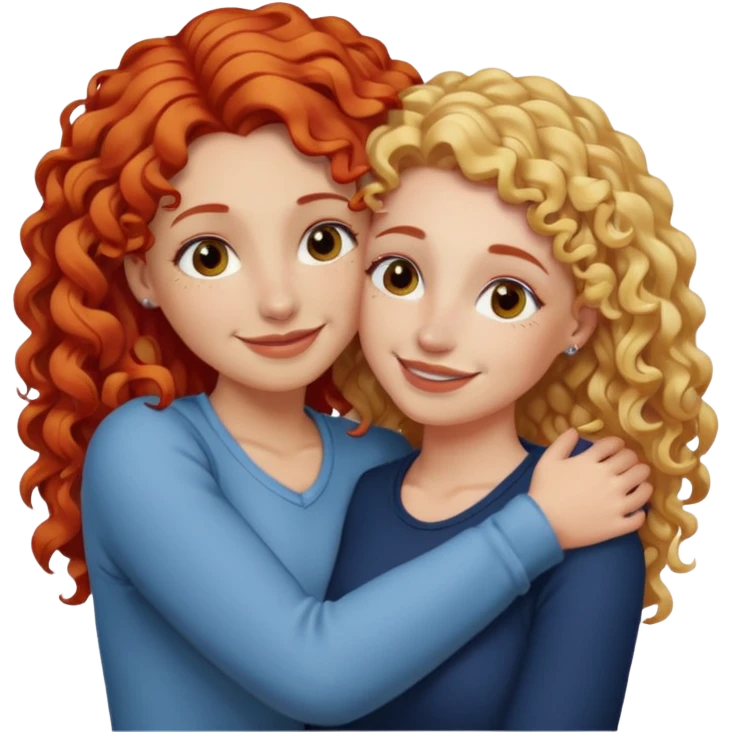 A woman with straight, blonde hair and a nose piercing and a woman with curly red hair and a nose piercing are hugging and smiling together. emoji