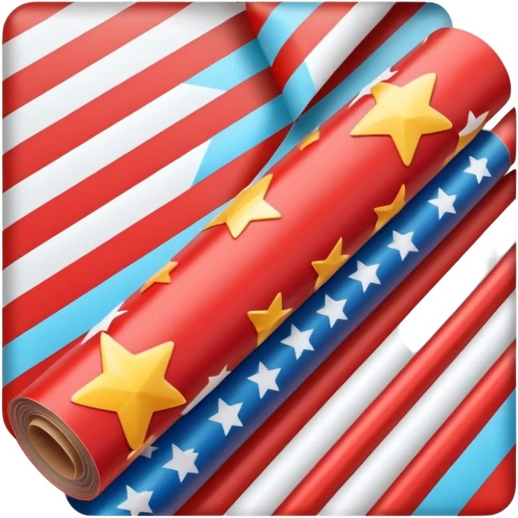 long cylindrical roll of glossy wrapping paper, partially unrolled, colorful pattern with stars, stripes, festive motifs, smooth reflective finish, crisp edges, visible cardboard tube at center, no scissors tape or ribbon, apple emoji style, soft lighting, subtle shadows, emoji scale emoji