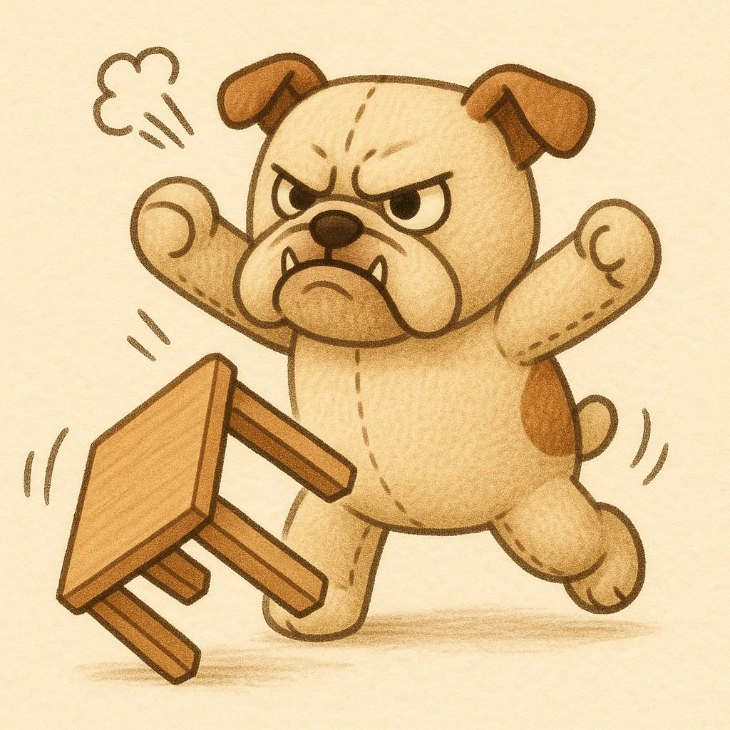Angry English bulldog (ikea stuffy style) flipping a table emoji