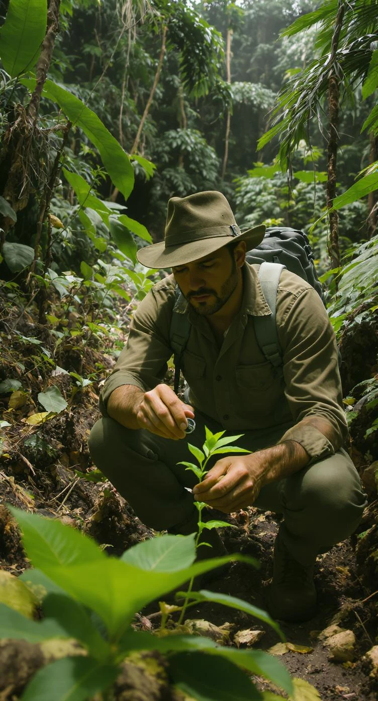 cinematic still, documentary photography, amazon jungle, well lit scene, man is exploring the jungle, close up, front shot emoji