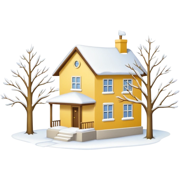 Yellow-white house. A small tree. Winter emoji