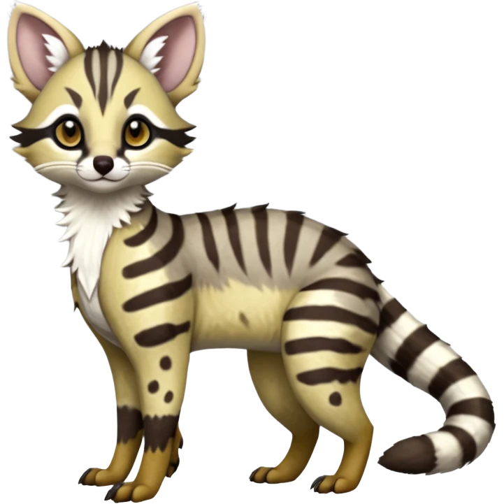 Cute elegant hyper-realistic lifelike furry Civet-Genet-Possum-Serval-Cheetah-Clouded-Leopard-Caracal-Sergal-Trico-Numbat-Furret-fusion-Fakemon-hybrid-creature (full body) with long tufted ears and a striped tufted tail  emoji