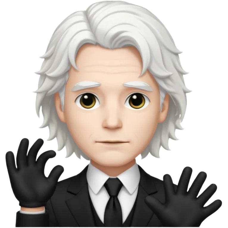 Male Goth with Top Hat
 Wavy shoulder-length hair, white skin, black suit and gloves, pale skin tone, white long hair emoji