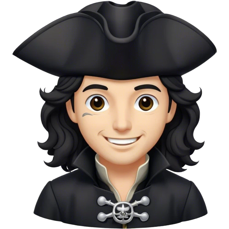 A charismatic pirate with wavy black hair, wearing a black tricorn hat and a sleek black coat with silver buttons, smiling confidently. emoji