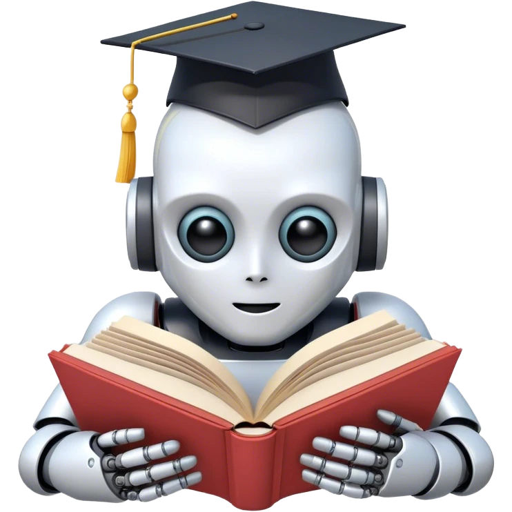 Ai  robot reading a big book with graduation head emoji