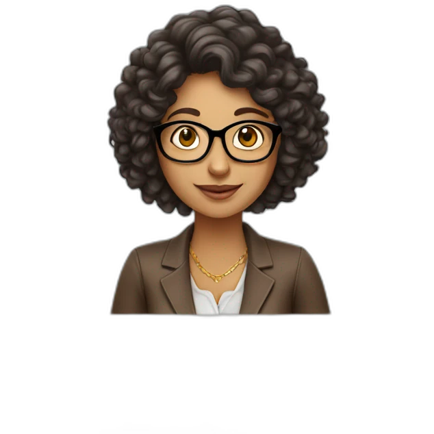 A curly indian lady with dark brown hair learning about uses glasses mortgages on a laptop emoji