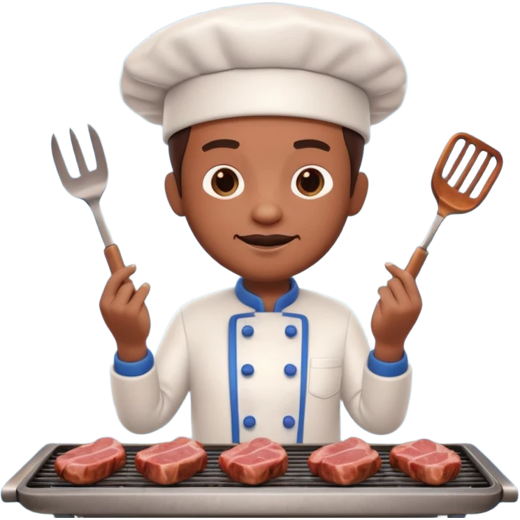 A 3D cartoon cook flipping meat on a grill with tongs, gentle smoke effect, Memoji-style lighting. emoji