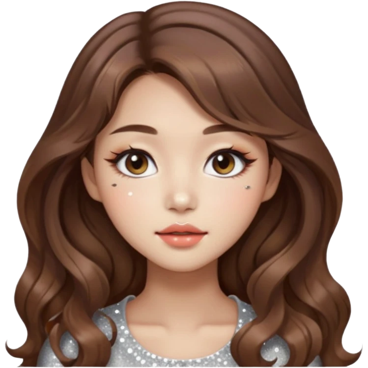 “korean brown hair Emoji girl, soft eyeliner, gradient lips, light brown shimmer eyeshadow, sparkly aegyo-sal, long wavy hair,  emoji