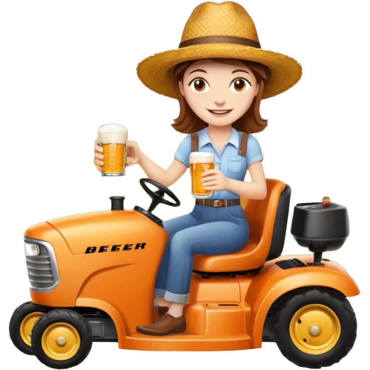 White woman with brown hair, without glasses wearing a straw hat, on old orange ride on lawn mower, holding a beer with one hand and holding the steering wheel with the other hand. Woman is smiling. Lawn mower has “Westwood” written on the engine cover emoji