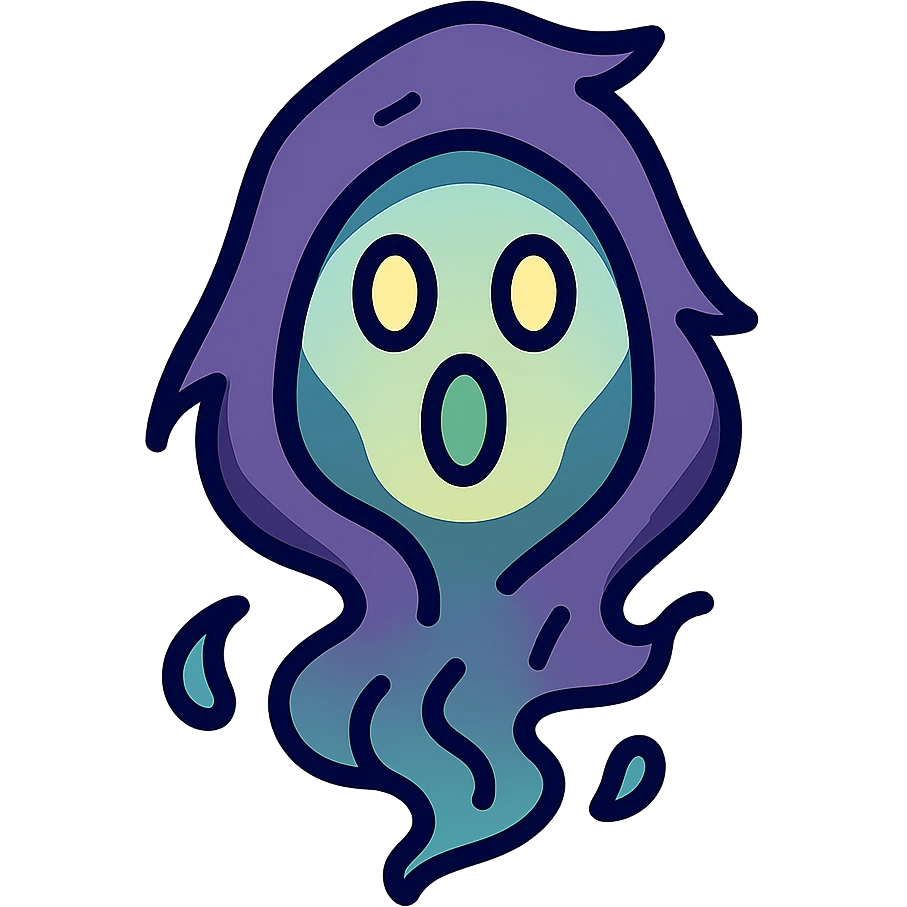 vector emoji of an ethereal, hooded, faceless character resembling Death, made of smoke and shadow, head only, flat colors, ruffled and torn hood, light and shading passing through the hood to form a surprised expression, dark and mysterious emoji