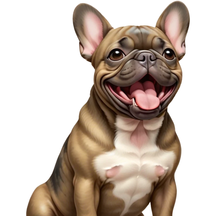 Cinematic Cute Yawning Brindle French Bulldog Portrait Emoji, Head tilted slightly with a dramatic, wide-open yawn, showcasing a sleek brindle coat with subtle fawn highlights, floppy ears slightly drooping, round dark eyes barely open in drowsy contentment, Simplified yet irresistibly adorable features, highly detailed, glowing with a soft, cozy glow, high shine, relaxed yet expressive, stylized with a touch of whimsy, bright and endearing, soft glowing outline, capturing the essence of a sleepy yet affectionate companion, so drowsy it feels like it could stretch out of the screen and curl up for a nap! emoji