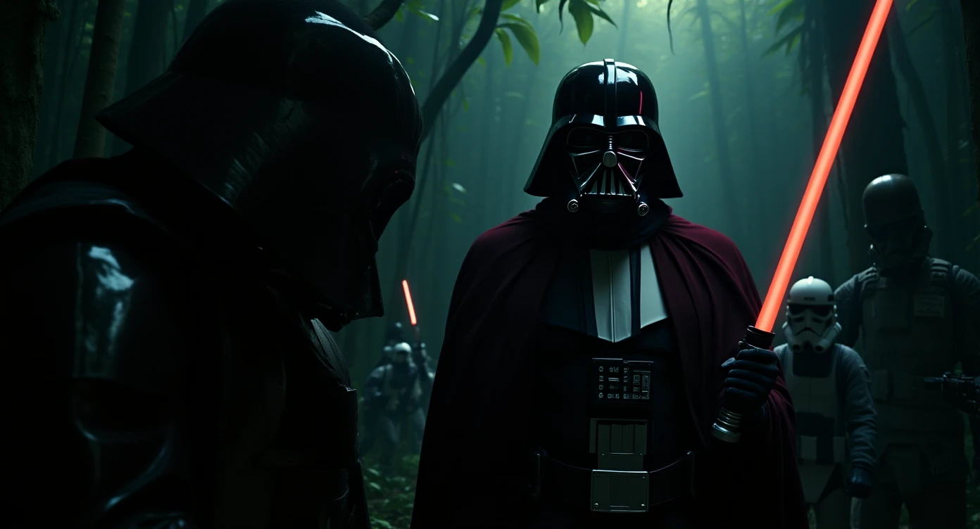 cinematic still, Closeup shot, amazon jungle, Darth Vader around stormtroopers is exploring the jungle, inspired by StarWars movie, captured by arri alexa emoji