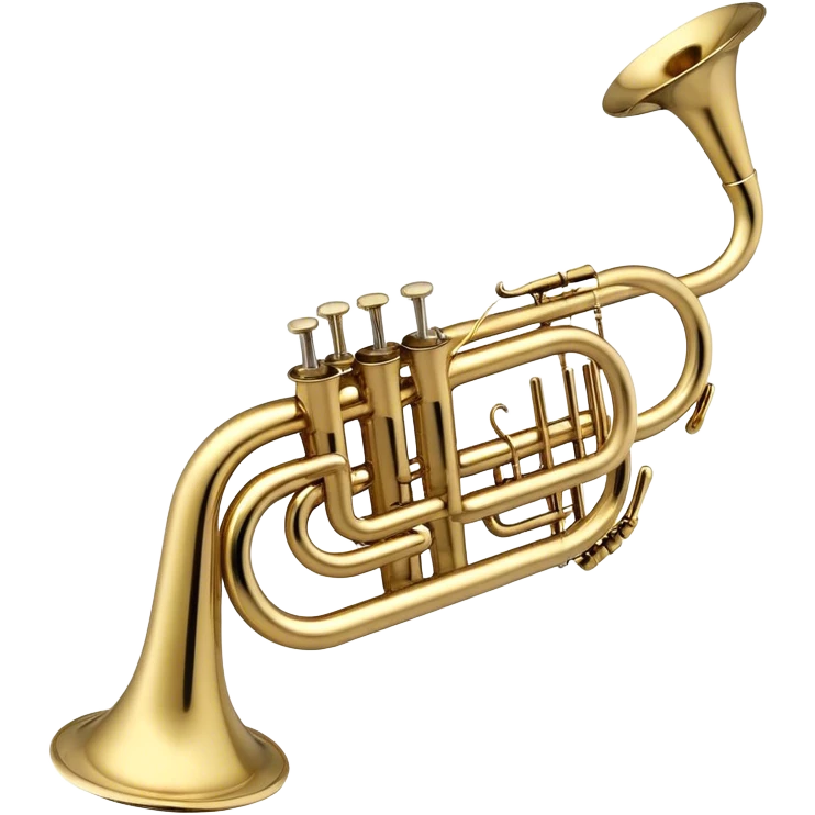Create a sleek and polished emoji representing the Brahner trumpet. The design should feature the shiny brass body of the trumpet, with its distinct bell shape and coiled tubing. Highlight the three smooth, finger-operated valves, and the mouthpiece at the top of the instrument. The finish of the trumpet should be a rich, golden brass tone with subtle reflections, giving it a polished and professional appearance. Add musical notes or soundwaves around the bell of the trumpet to evoke its bold and brassy sound. Use golden, brass, and silver tones to emphasize the vibrant, high-quality design of the trumpet. The background should be transparent. emoji