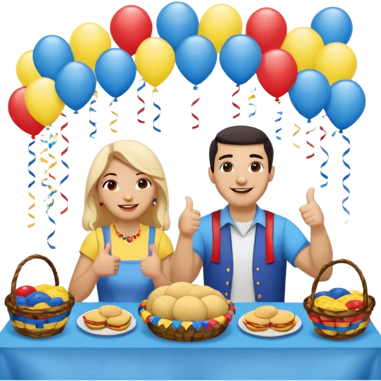 party table decorated with red blue and yellow colors, including a backdrops, balloons arch, streamers and more. On the table are intricate displays of colombian arepas, and baskets of money. In the forefront is a woman and man in simple clothing, big smiles and big thumbs up emoji