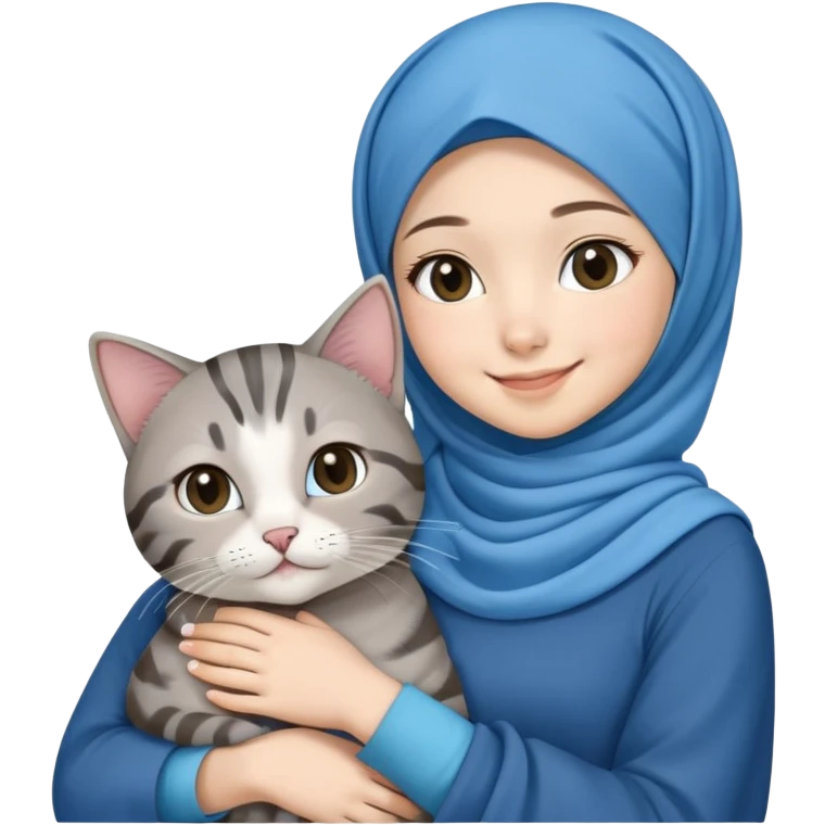 Asian white girl wearing blue hijab with dress holding a black grey tabby cat while smiling emoji