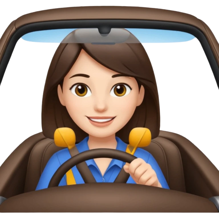 Brunette woman driving car. Happy face confidence  emoji