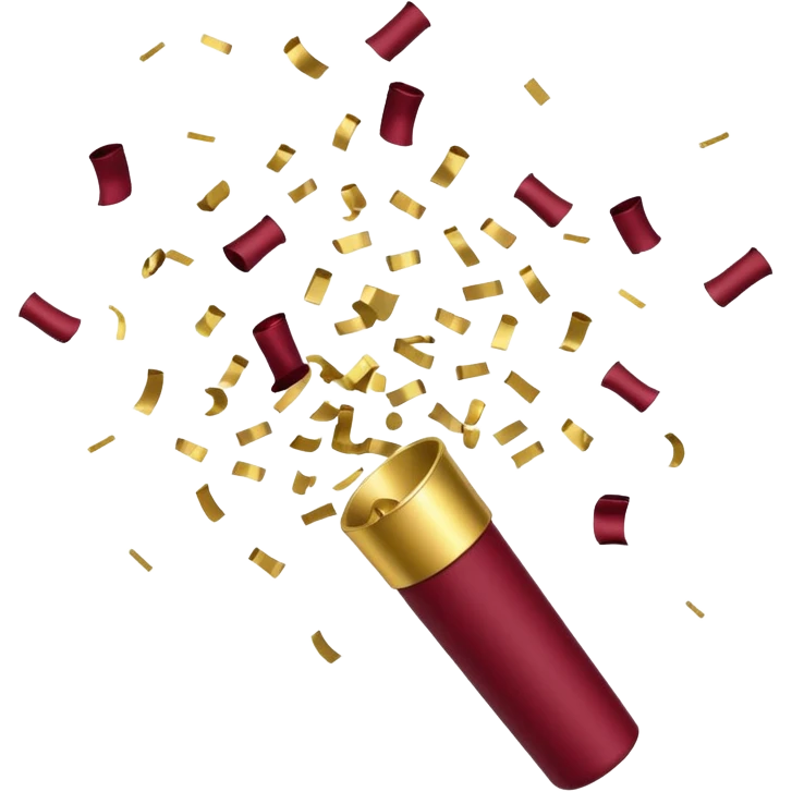 Burgundy and white confetti coming out of gold popper emoji