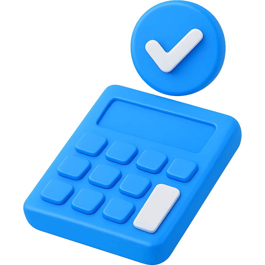 Change the calculator and check mark to a 3D blue style, keep the arrangement the same, with no background. emoji