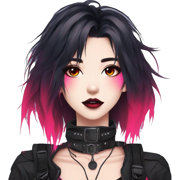 Gorgeous bright colorful neon gothic techwear anime style lady with blushing face aesthetic and pretty edgy black red punk messy hair with collar and harness trending style emoji