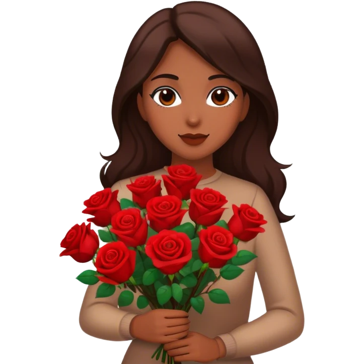 Brown woman with long dark brown hair holding red roses emoji
