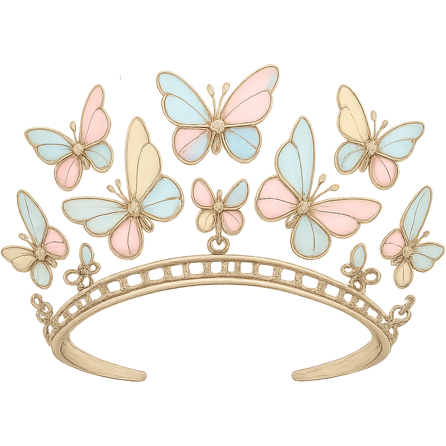 butterfly crown with a pastel rainbow base, butterflies in soft pastel enamel, sparkling gems, transparent background emoji