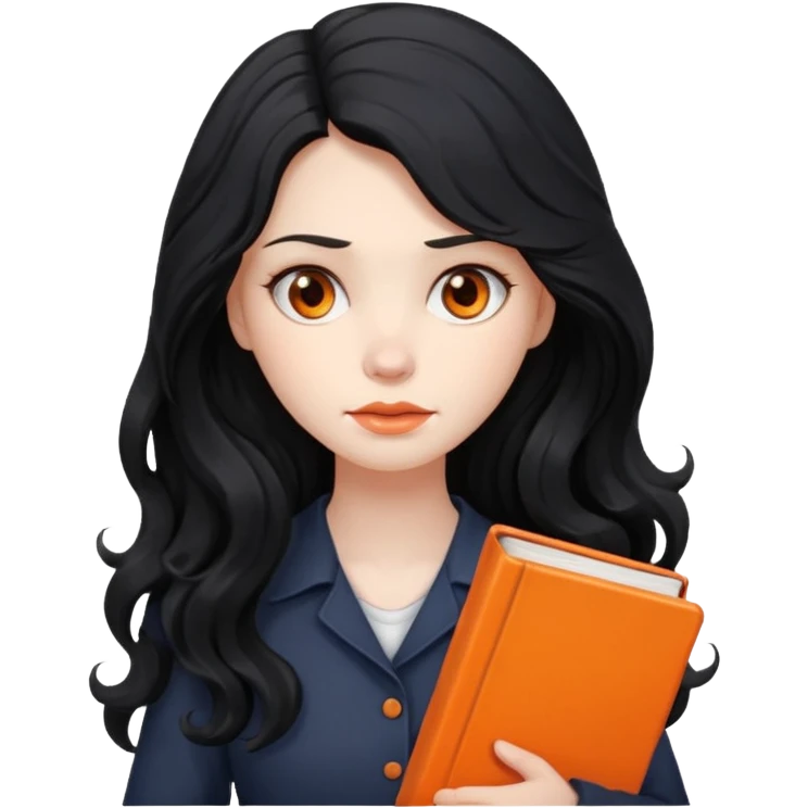 Long Hair Women with orrange Book, Black wavy hair, sad

 emoji