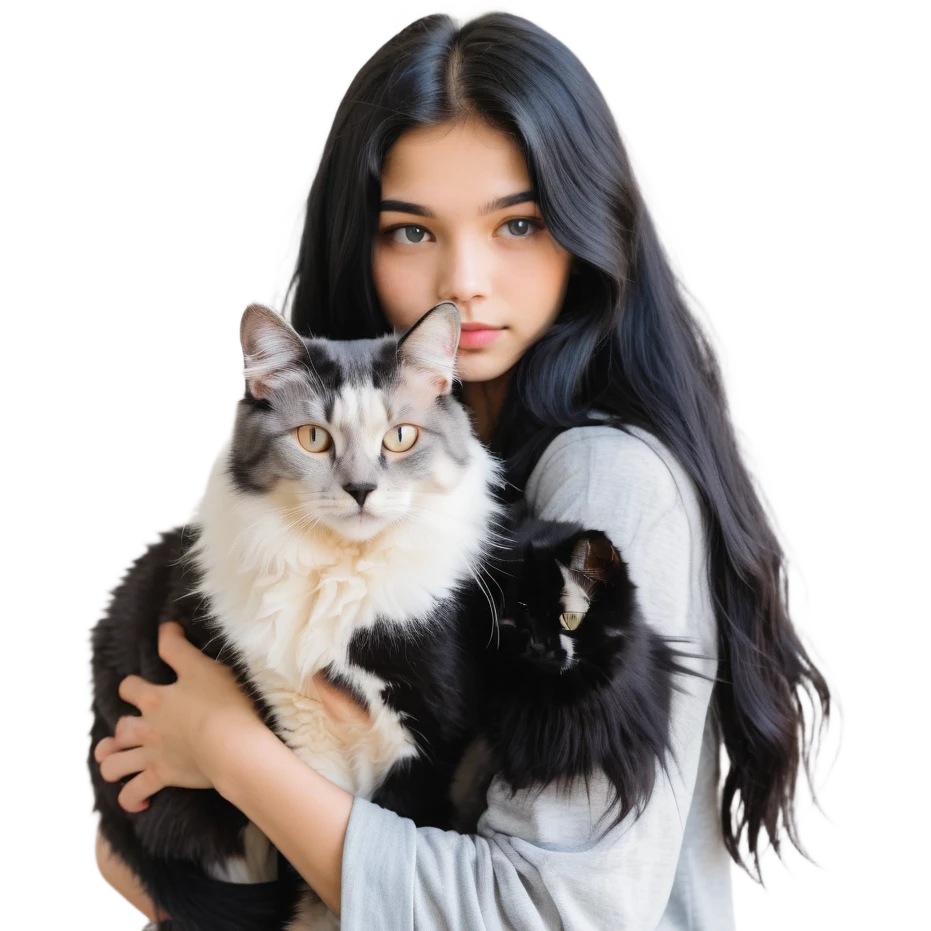 Beautiful girl with long black hair hugs a gray and blond mixed breed cat emoji